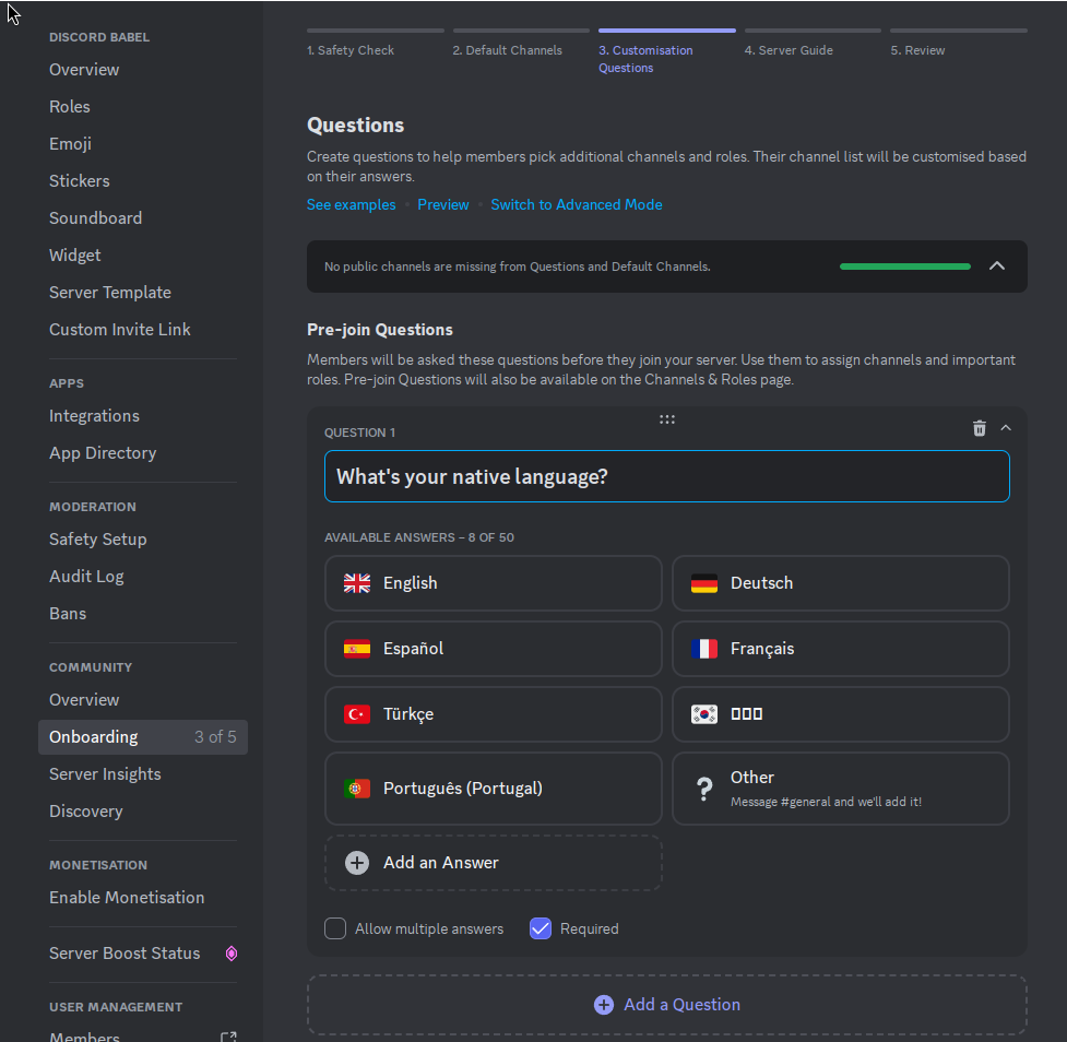 Onboarding questionnaire screenshot